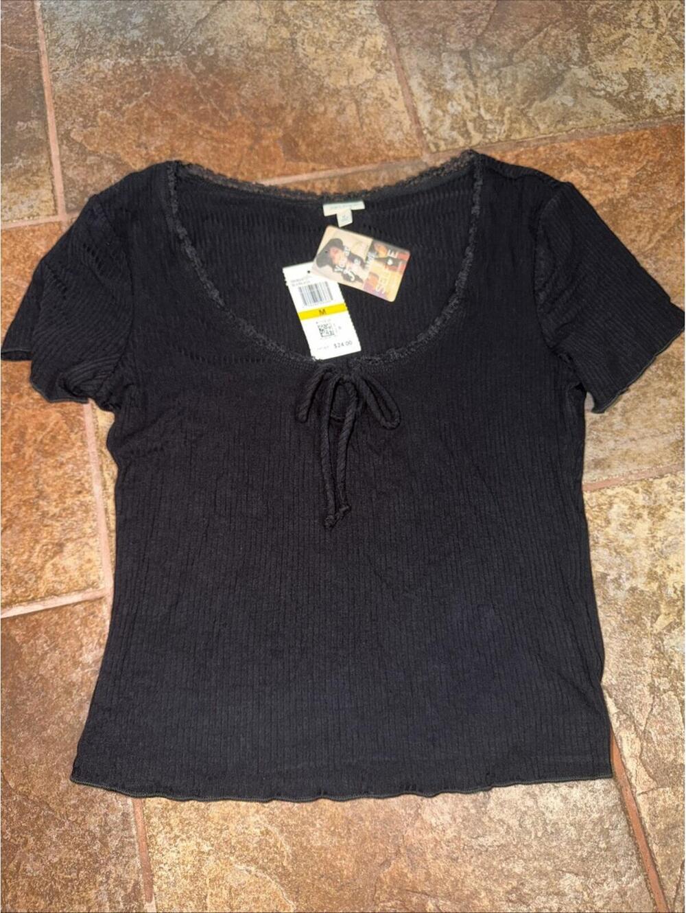 Self E Womens Black Rib-Knit-Tie Front Short Sleeve Top, Size Medium NEW